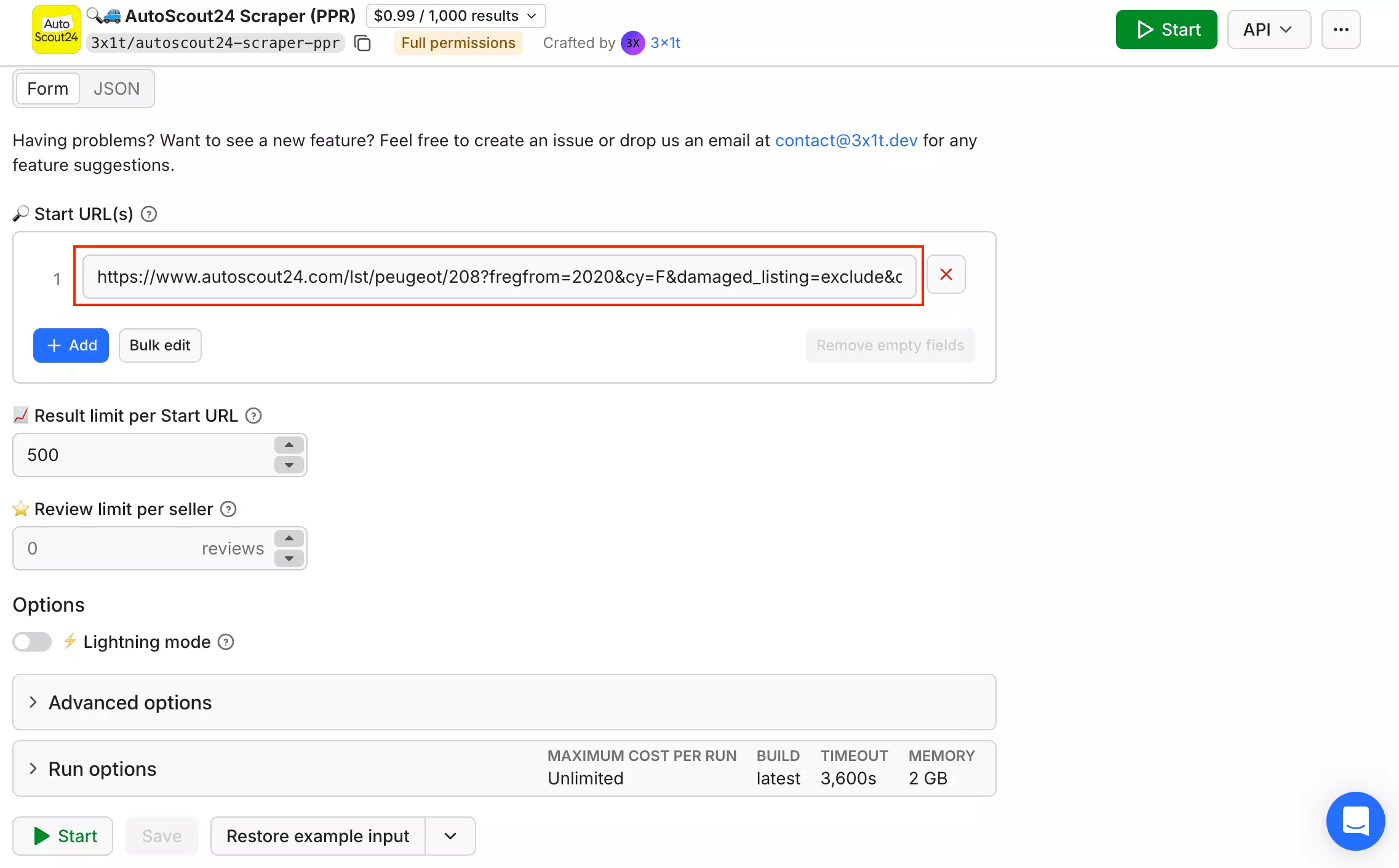 Start-URL-Eingabe von 3x1t, die eine oder mehrere AutoScout24-Such-URLs akzeptiert