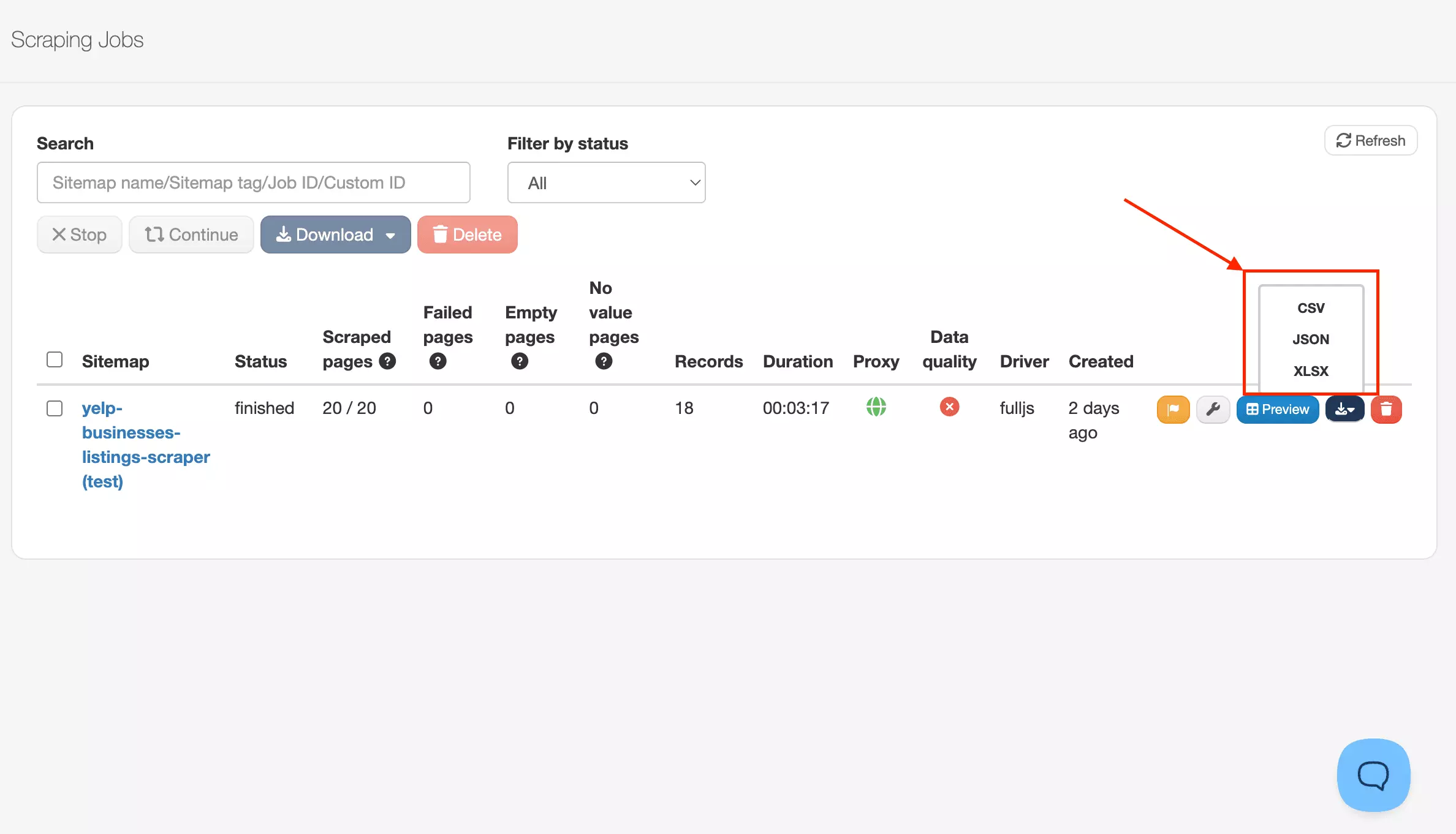 WebScraper.io jobs table showing one-click CSV, JSON, and XLSX export buttons