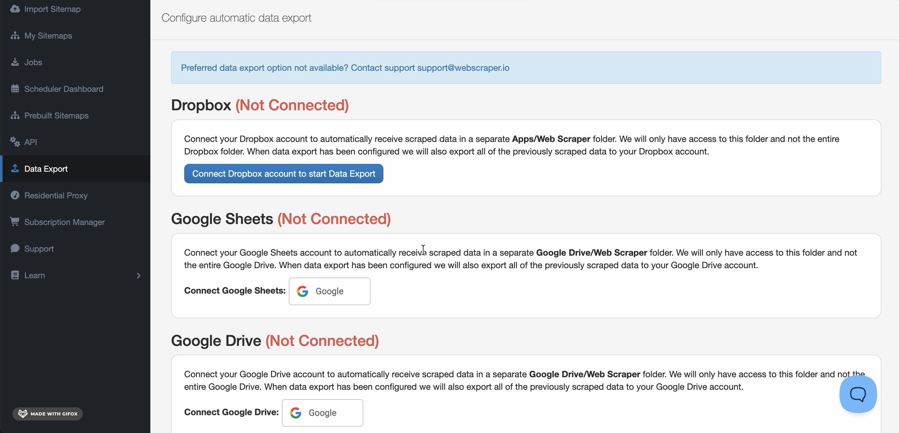 GIF showing WebScraper.io cloud delivery options including Dropbox, Google Sheets, S3, and Azure