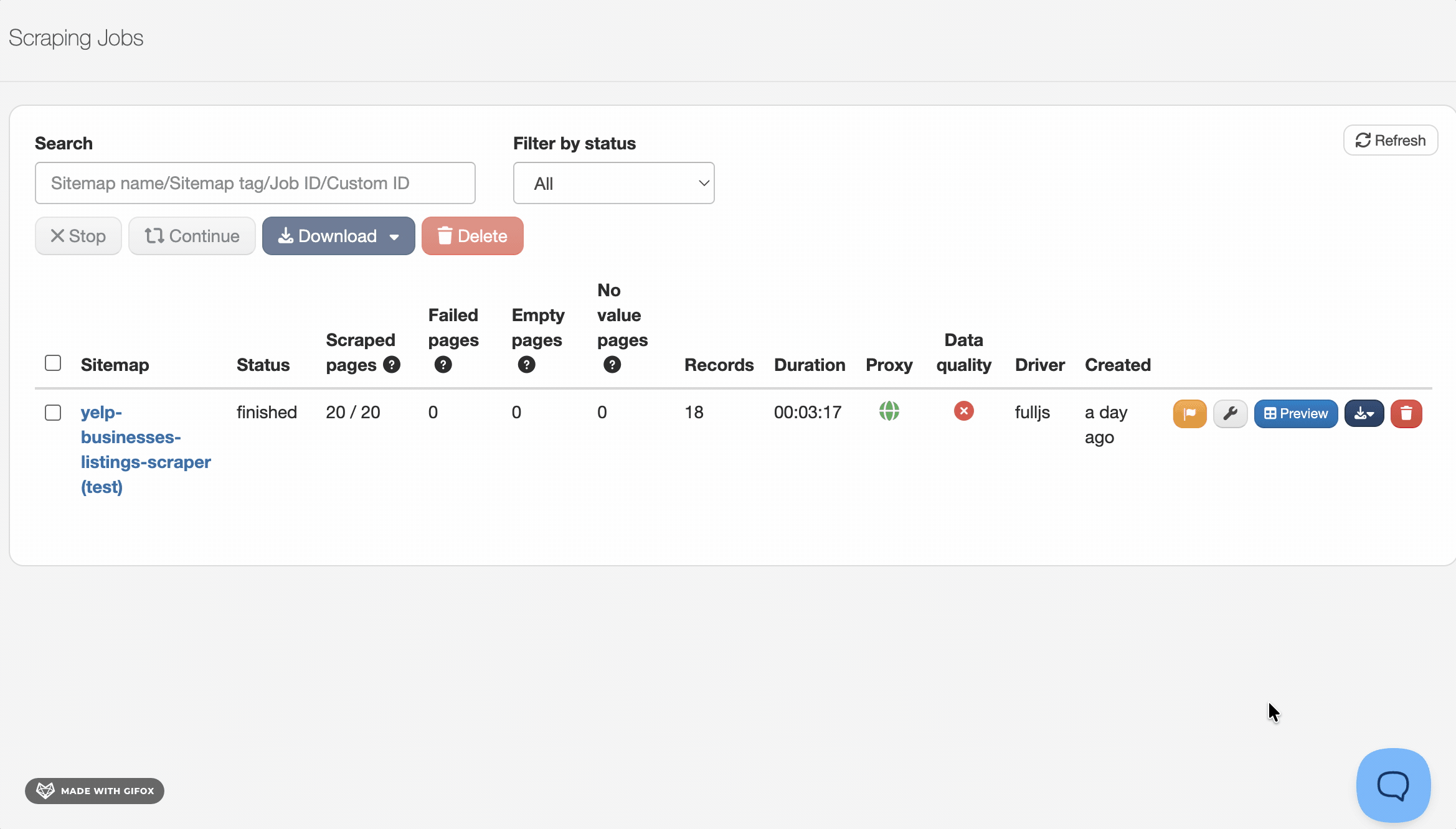 GIF showing the WebScraper.io AI assistant chat interface on the platform