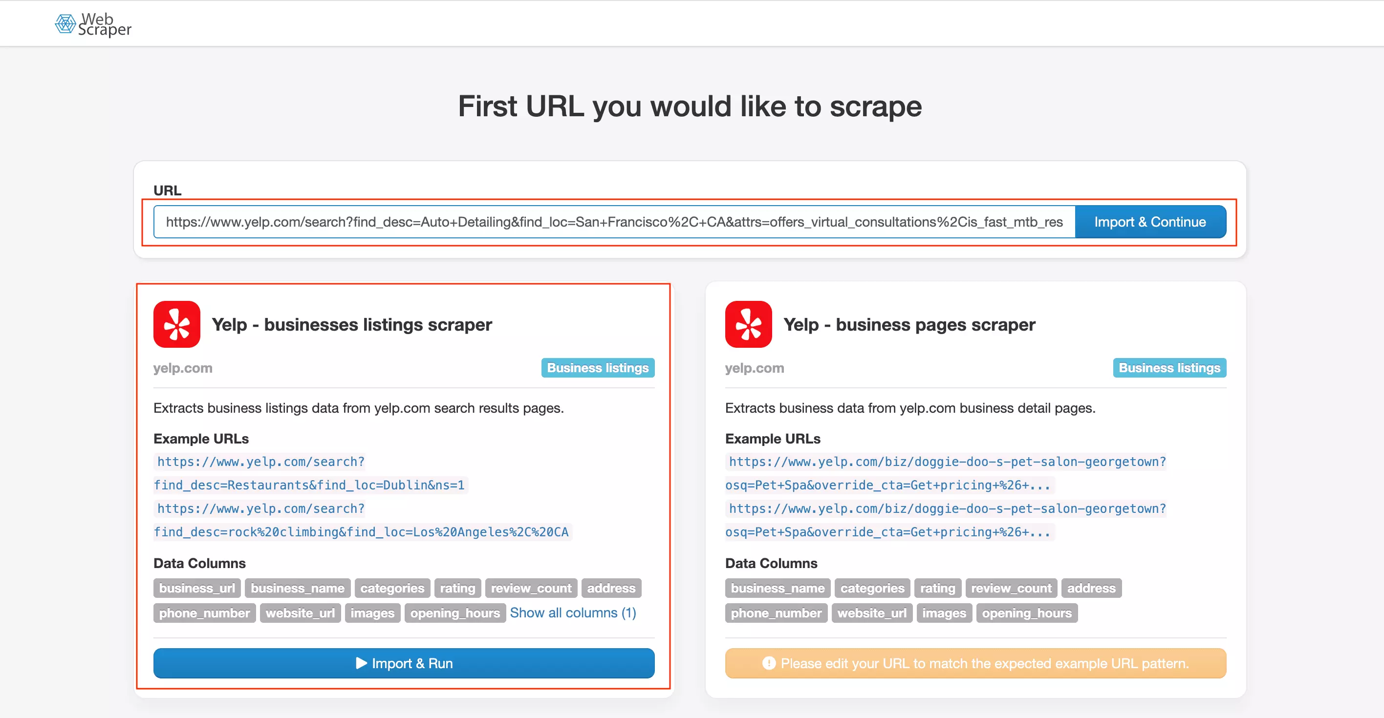 WebScraper.io showing two template options β business listings and business pages β with the correct one pre-selected