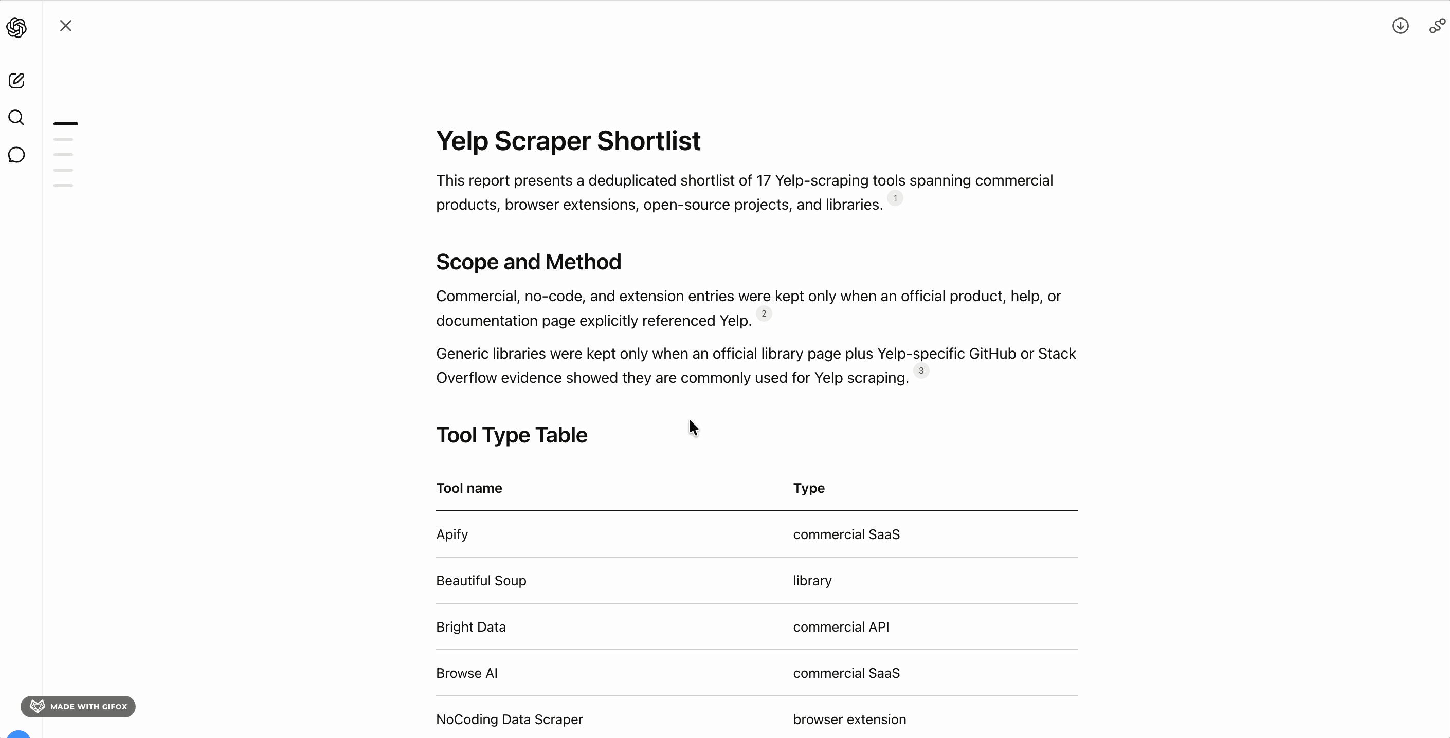 GIF showing a Google search for Yelp scraping tools and AI recommendations