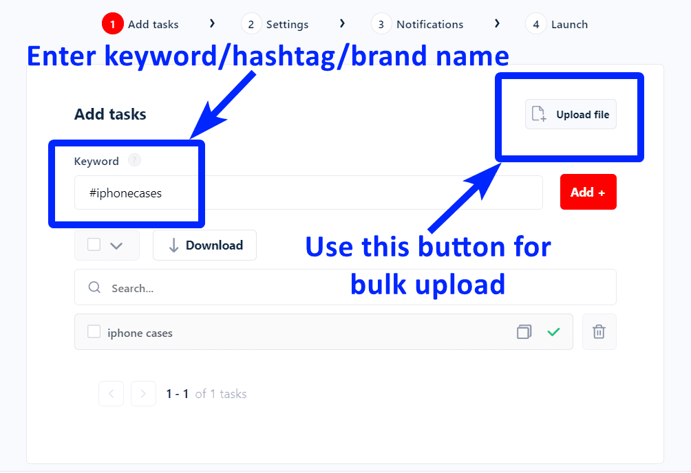 add tasks manually or upload keyword