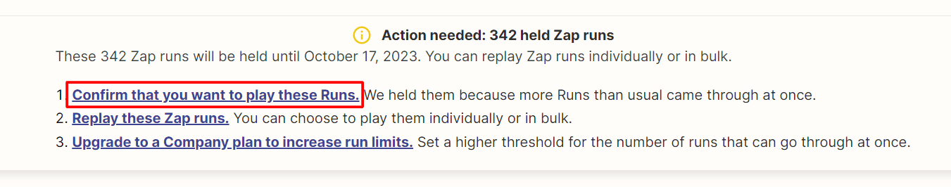 Zap action confirmed