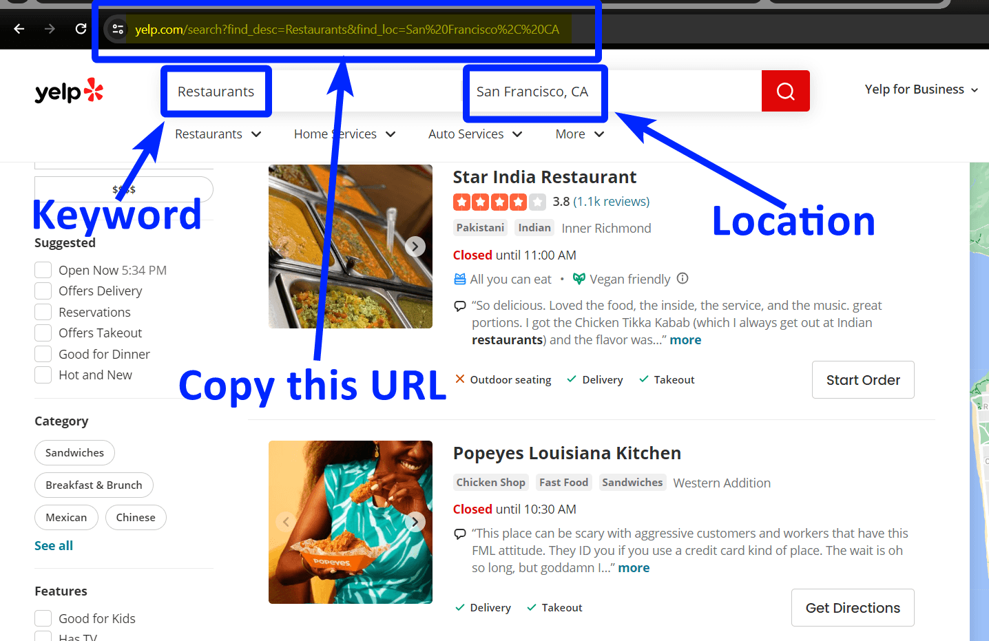 Get Yelp search URL