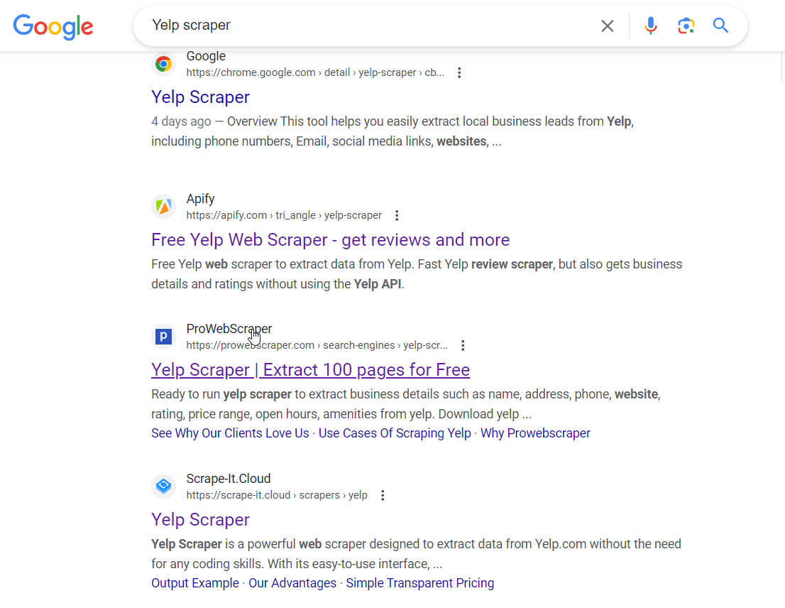 Google search for Yelp scrapers