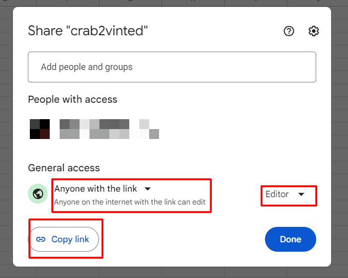 Google Sheet access settings