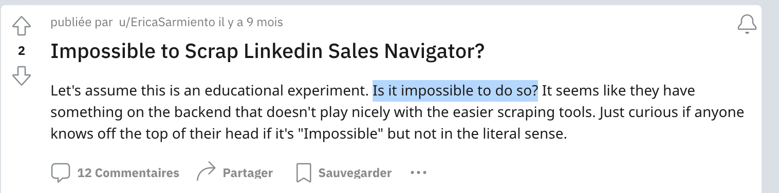 Reddit comment about impossibility to scrape LinkedIn Sales Navigator