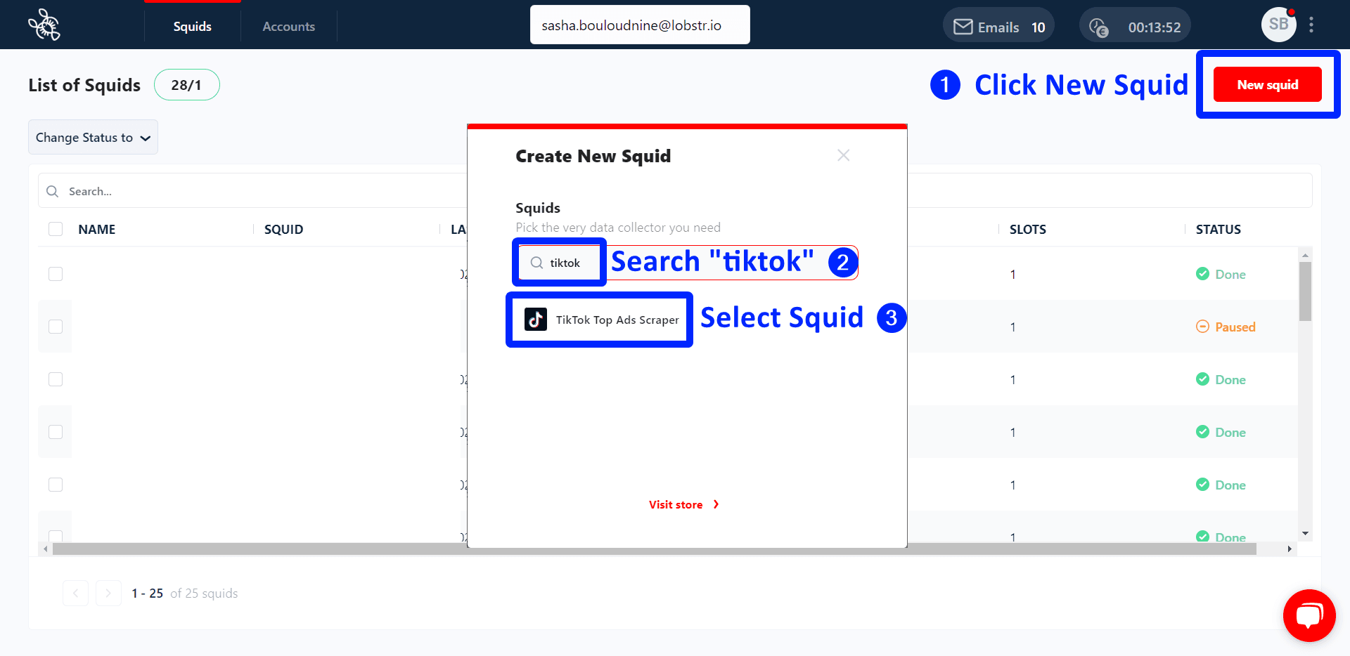 Create tiktok ads scraper squid