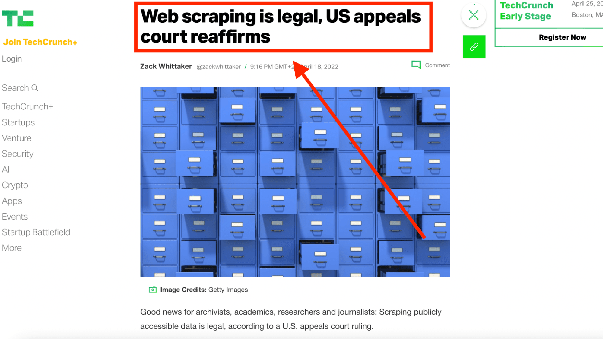 screenshot of article techcrunch about scraping being legal.png
