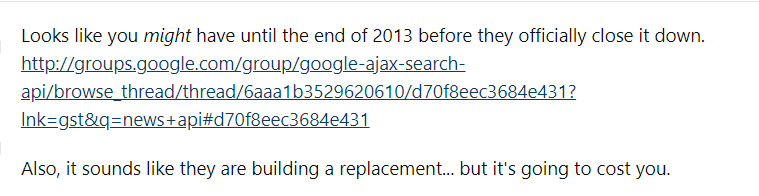 StackoverFlow answer stating Google has no official news API anymore