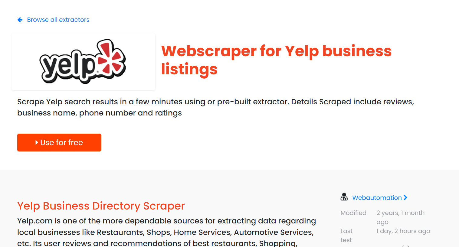 scraper Yelp Business Directory de Webautomation.io