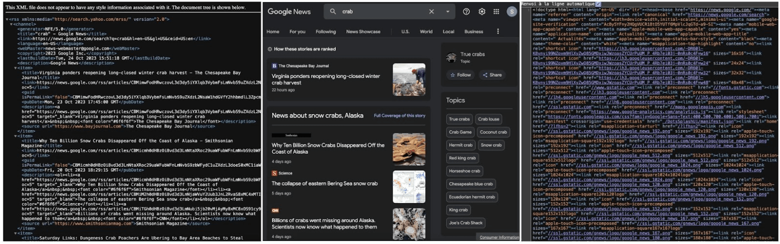 Screenshot showing Google News xml structure of Google News RSS feed, web page, and HTML Structure