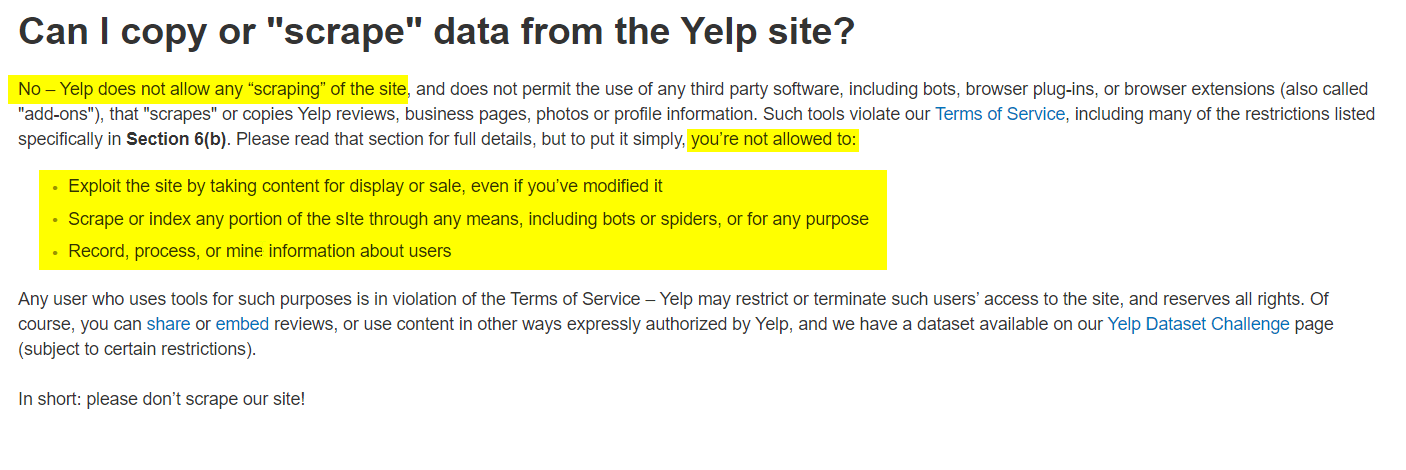 yelp won't allow web scraping